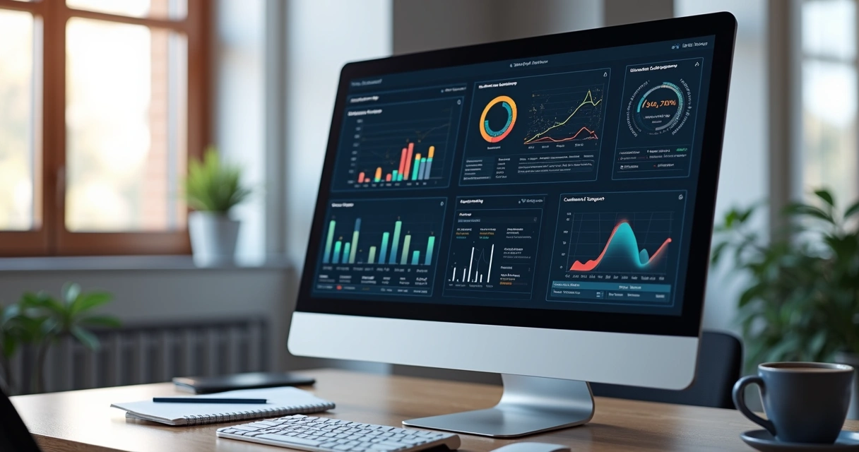 Tela de computador exibindo gráficos e métricas detalhadas de desempenho de inteligência artificial no suporte técnico 