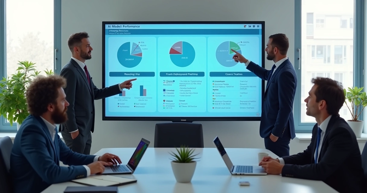 Equipe avaliando modelos de IA em dashboard comparativo 
