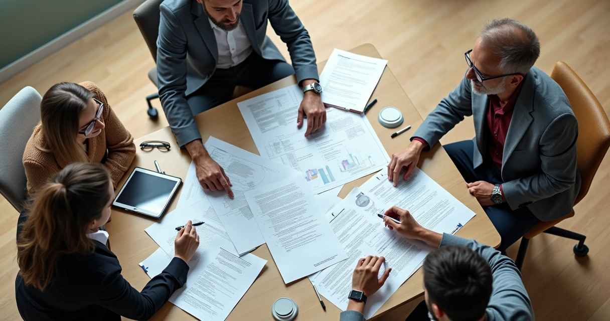 Mesa com papeis e profissionais analisando juntos 