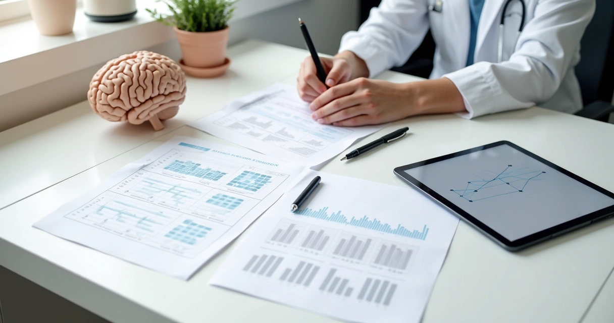 Mesa de consultório com testes cognitivos e modelo de cérebro