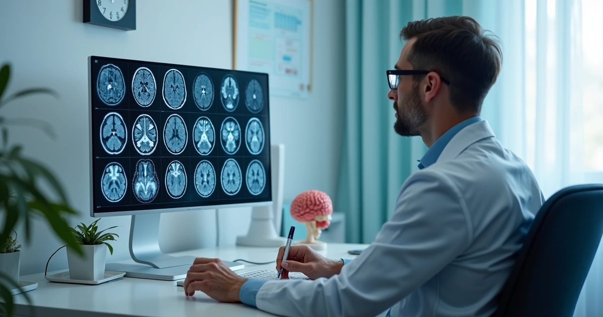 Profissional analisando imagem cerebral em exame de ressonância 