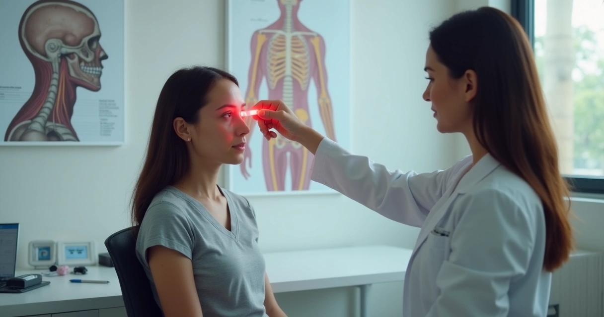 Profissional examinando movimentos oculares em consulta neurológica 