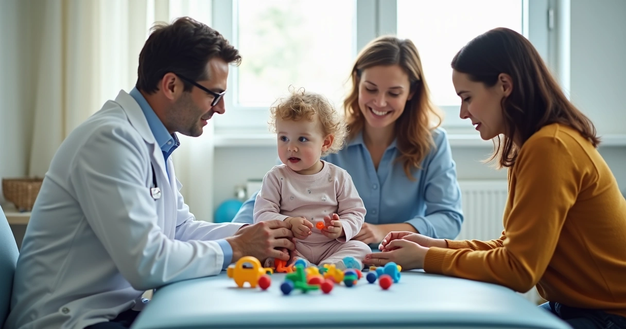 Neuropediatra avalia criança em consultório com brinquedos e pais presentes 