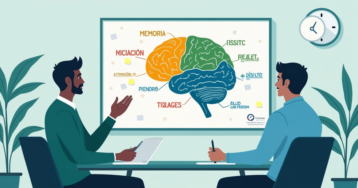 Representação visual de avaliação neuropsicológica com mapa mental e profissional explicando resultados a um paciente.