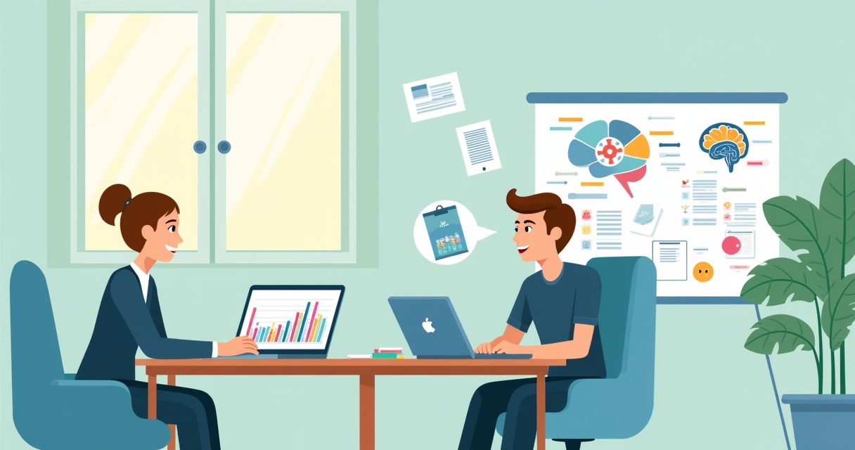 Ilustração de uma avaliação neuropsicológica em um ambiente confortável com interações entre profissional e cliente.