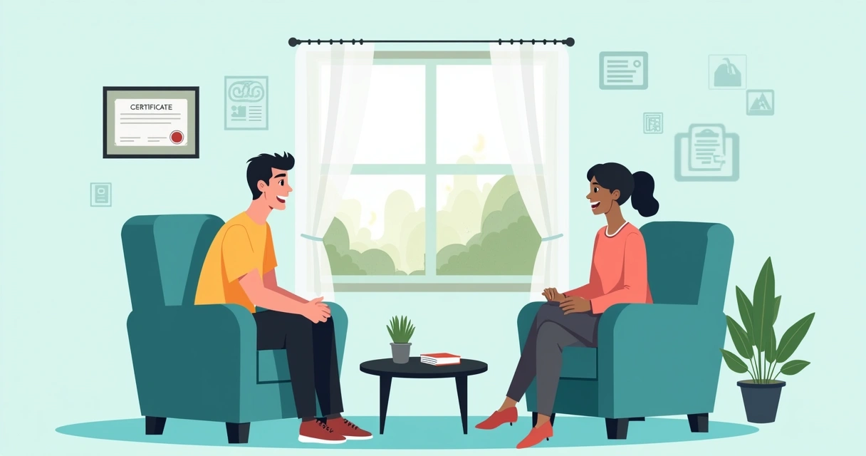 Consultation room for neuropsychological assessment with clinician and patient in conversation.