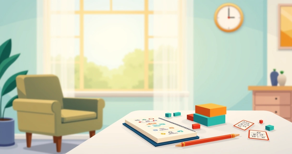 Ilustração de um ambiente tranquilo para avaliação neuropsicológica com materiais de teste e um relógio na parede.