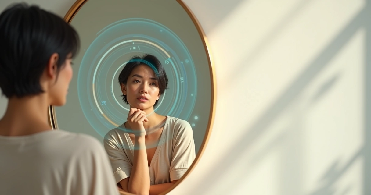 Pessoa refletindo diante de espelho com múltiplas camadas de consciência ao fundo 