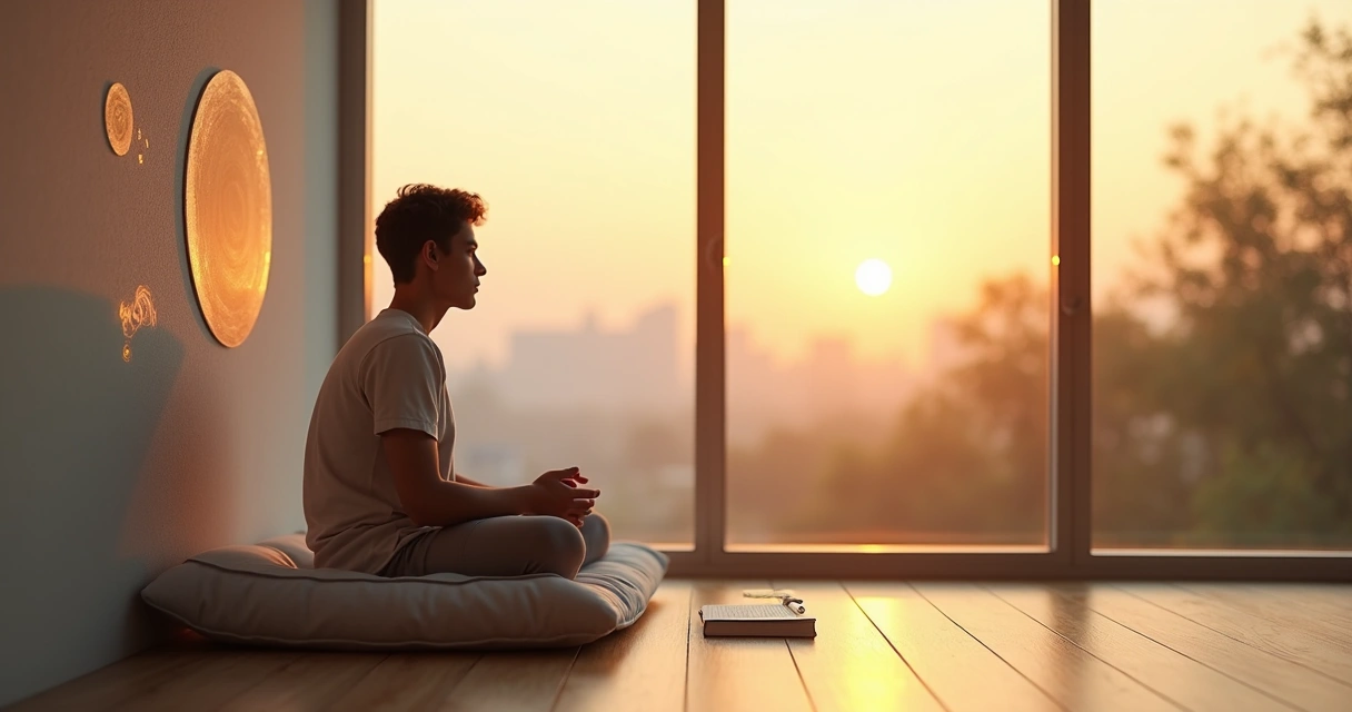 Pessoa refletindo em frente a janela com luz suave e símbolos de consciência ao fundo 