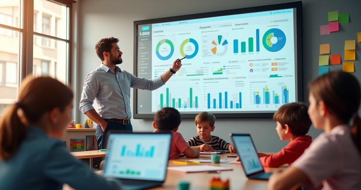 Professor analisa painel com indicadores de desempenho escolar e aluno em destaque ao centro 