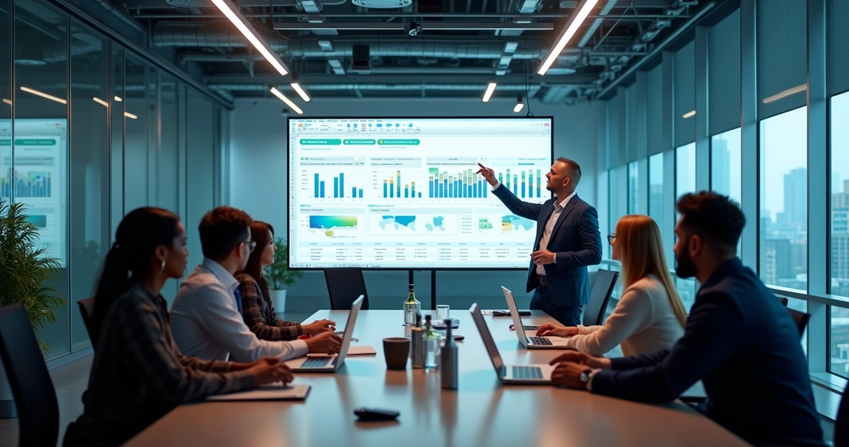 Equipe corporativa em sala de treinamento, com um instrutor apresentando gráficos de Excel em grande tela digital 