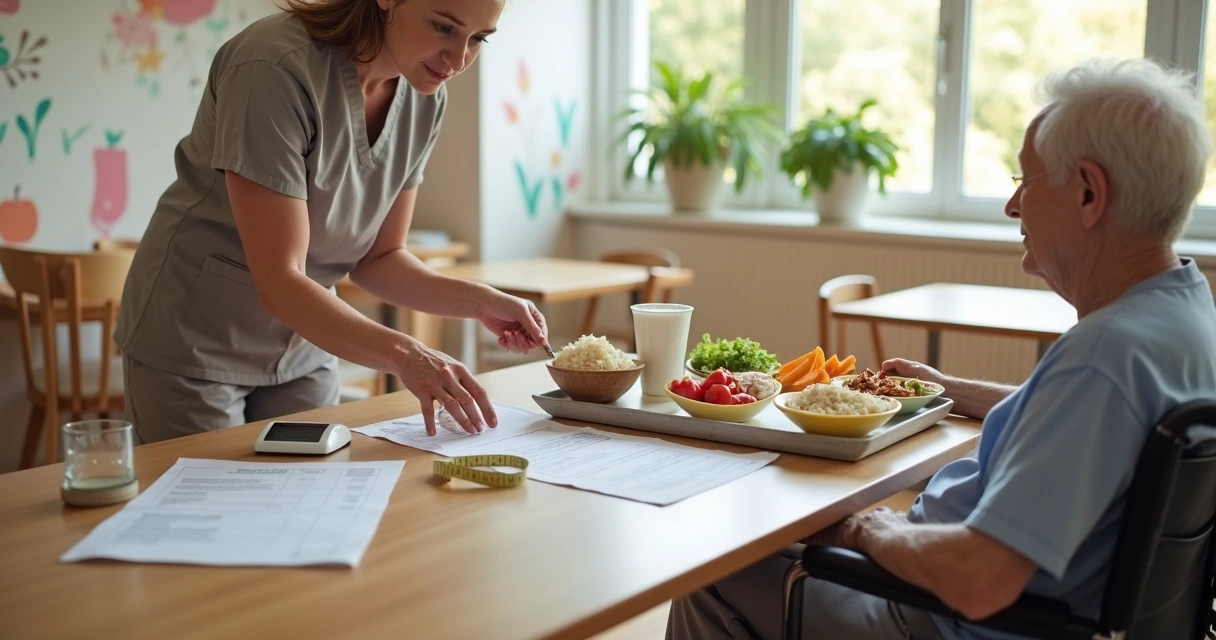 Profissional organiza bandeja colorida de alimentos para triagem nutricional de idoso 