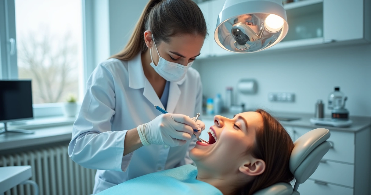 Dentista avaliando a boca de um paciente em consultório