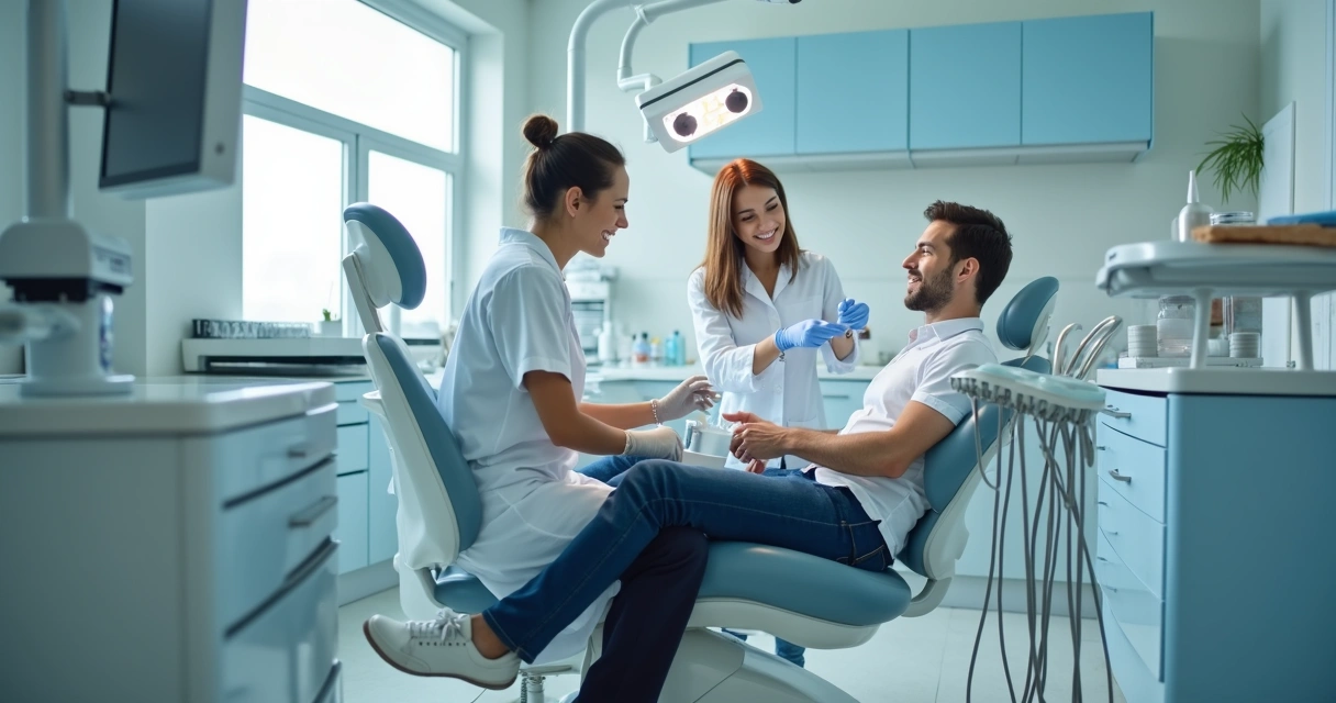 Dentista avaliando paciente em consultório moderno