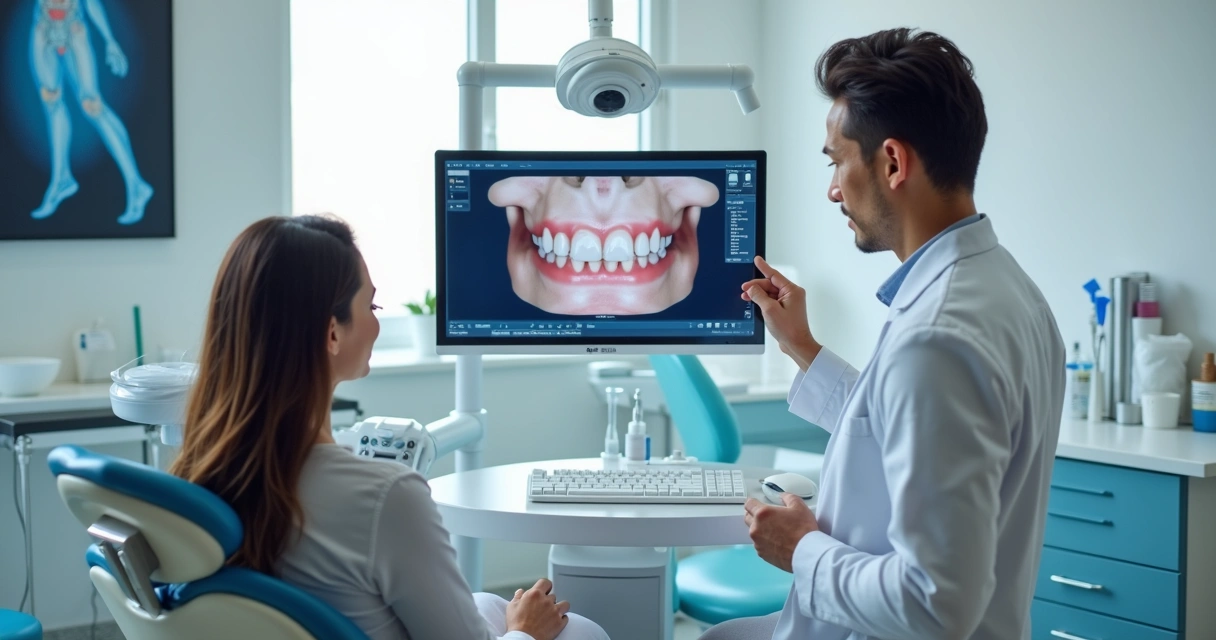Dentista mostrando exame dentário para paciente no consultório 