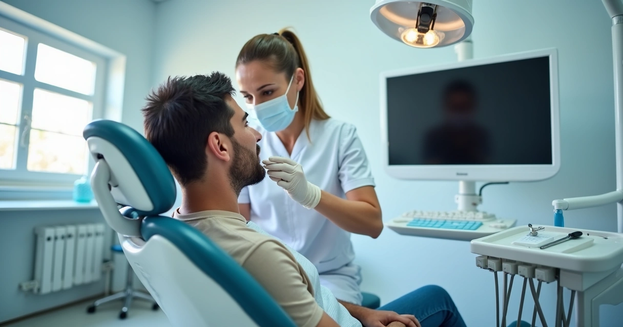 Dentista avaliando paciente em consultório moderno 