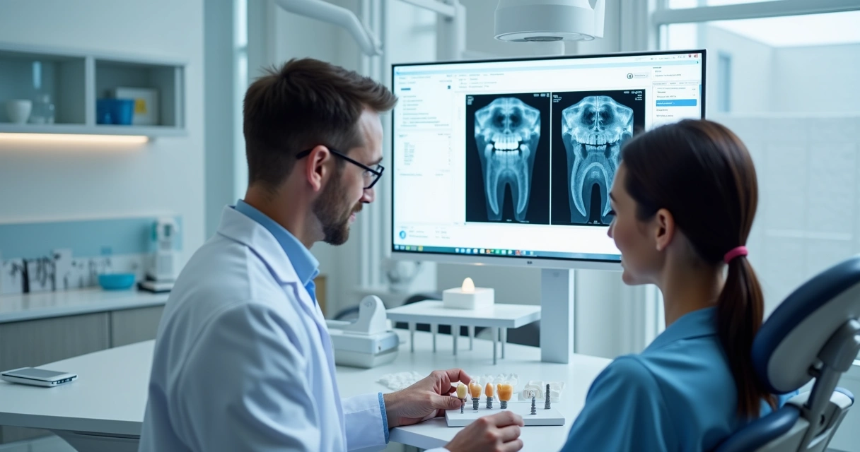 Dentista avaliando paciente em consultório com equipamentos avançados e raio-x dentário exposto 