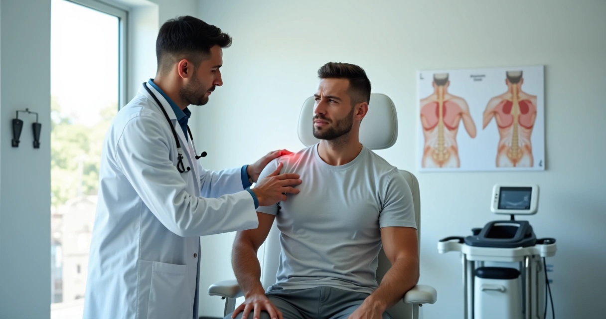 Ortopedista examinando ombro de paciente em consultório moderno 