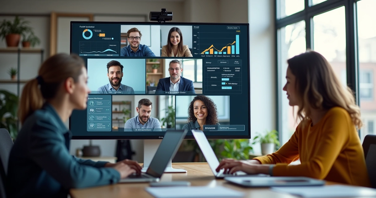 Reunião virtual de equipe remota com gráficos de desempenho na tela 