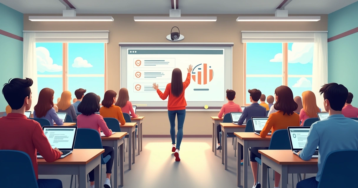 Alunos sentados em sala de aula usando tablets para avaliação digital