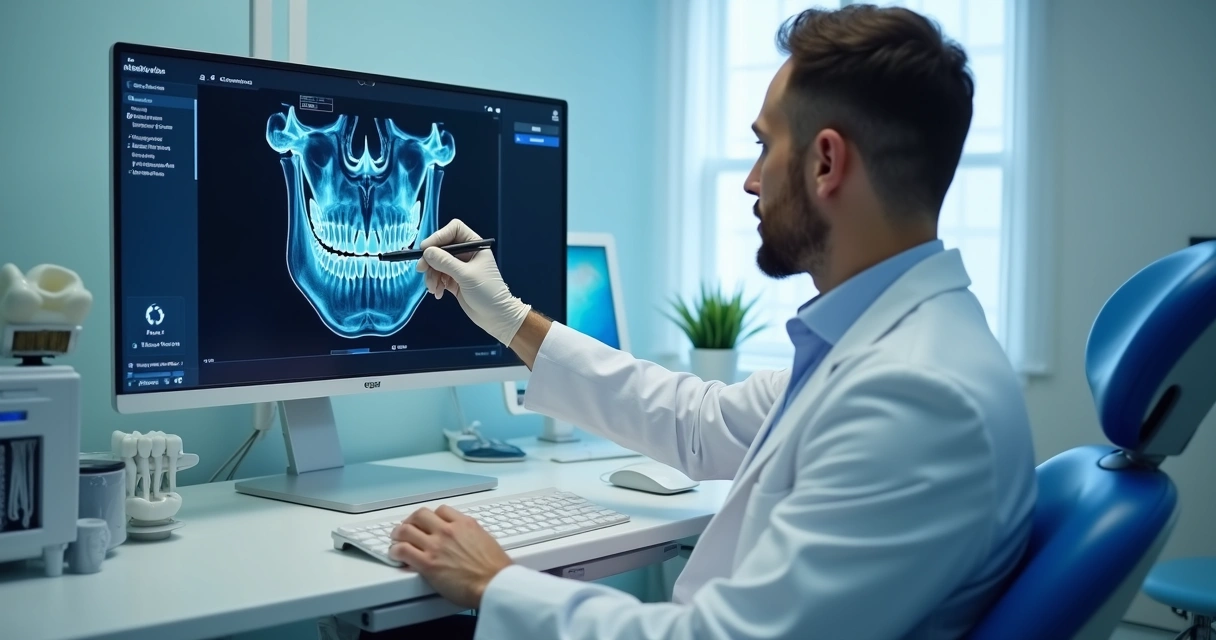 Dentista analisando exame de imagem bucal em consultório 