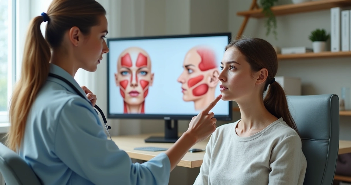Neurologista avaliando assimetria facial de paciente em consultório moderno 