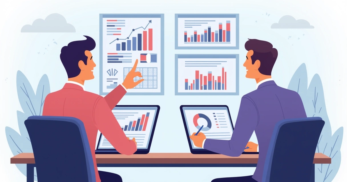 Duas pessoas negociando e analisando dados em notebook com gráficos de performance 
