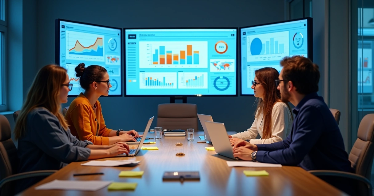Time reunido diante de telas com dashboards avaliando parceiros digitais 