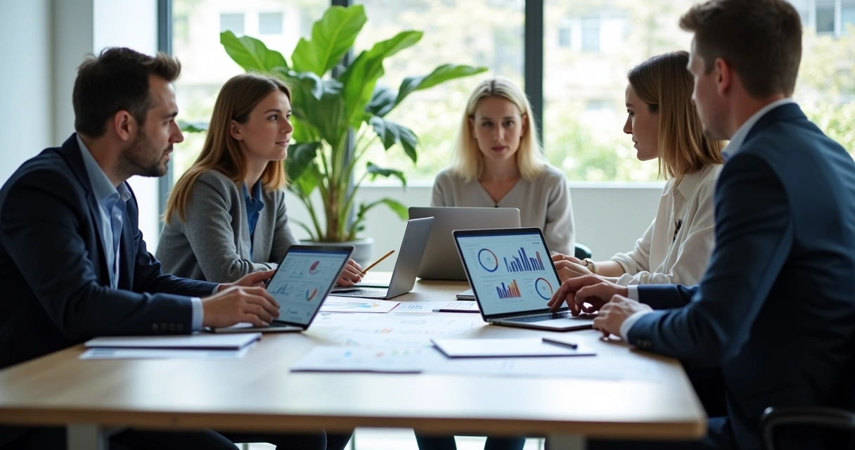 Mesa de reunião com profissionais analisando gráficos e dados de marketing em laptops e tablets 