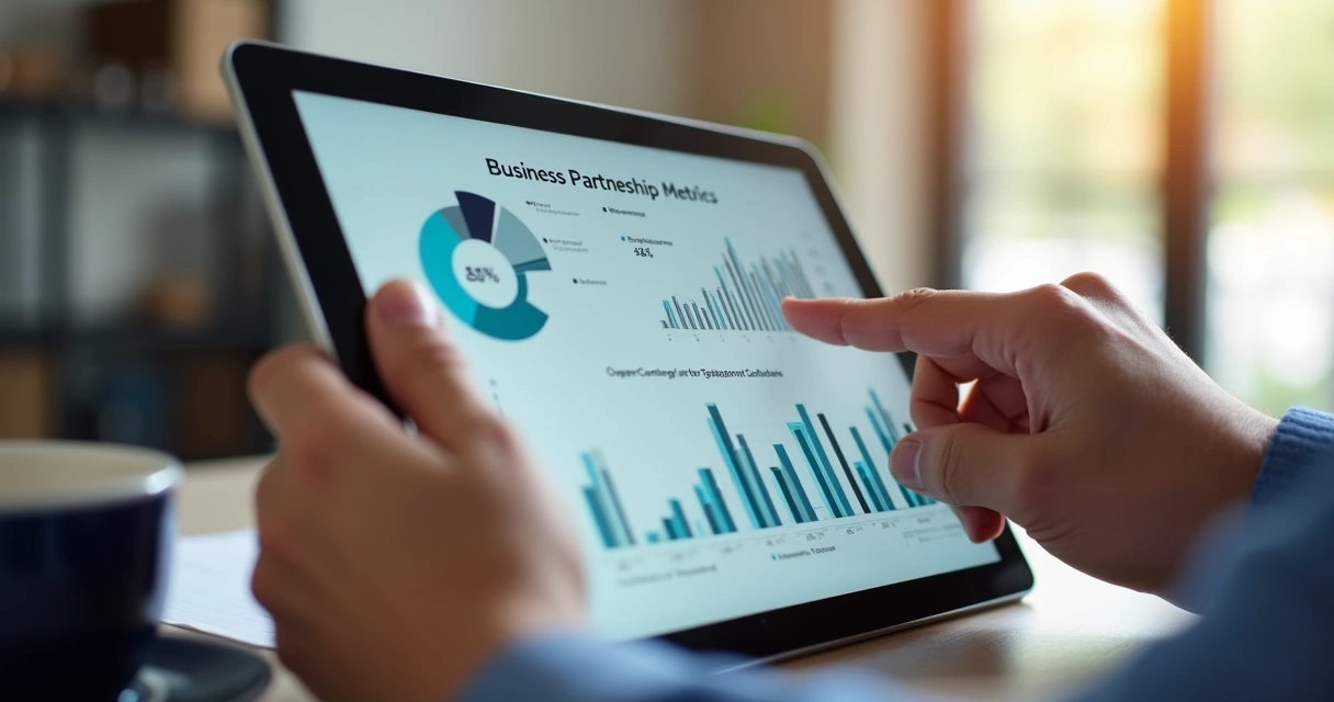Duas pessoas analisam gráficos financeiros de parcerias em tablet 