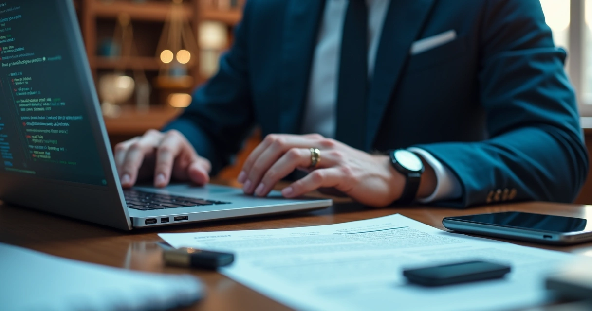 Especialista analisando códigos de aplicativo com documentos jurídicos na mesa 