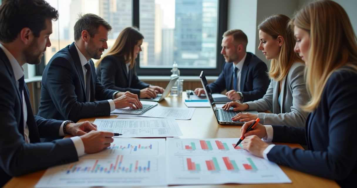 Reunião de consultores avaliando planilhas de patrimônio em mesa de reunião 