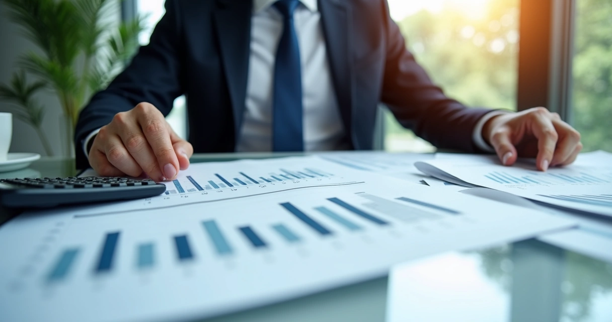 Auditor analisando balancete com gráfico de desempenho empresarial 