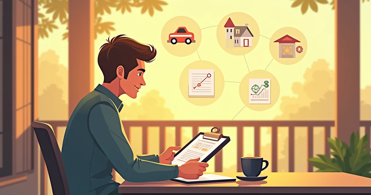 Pessoa analisa caderno de finanças na varanda com luz do sol 