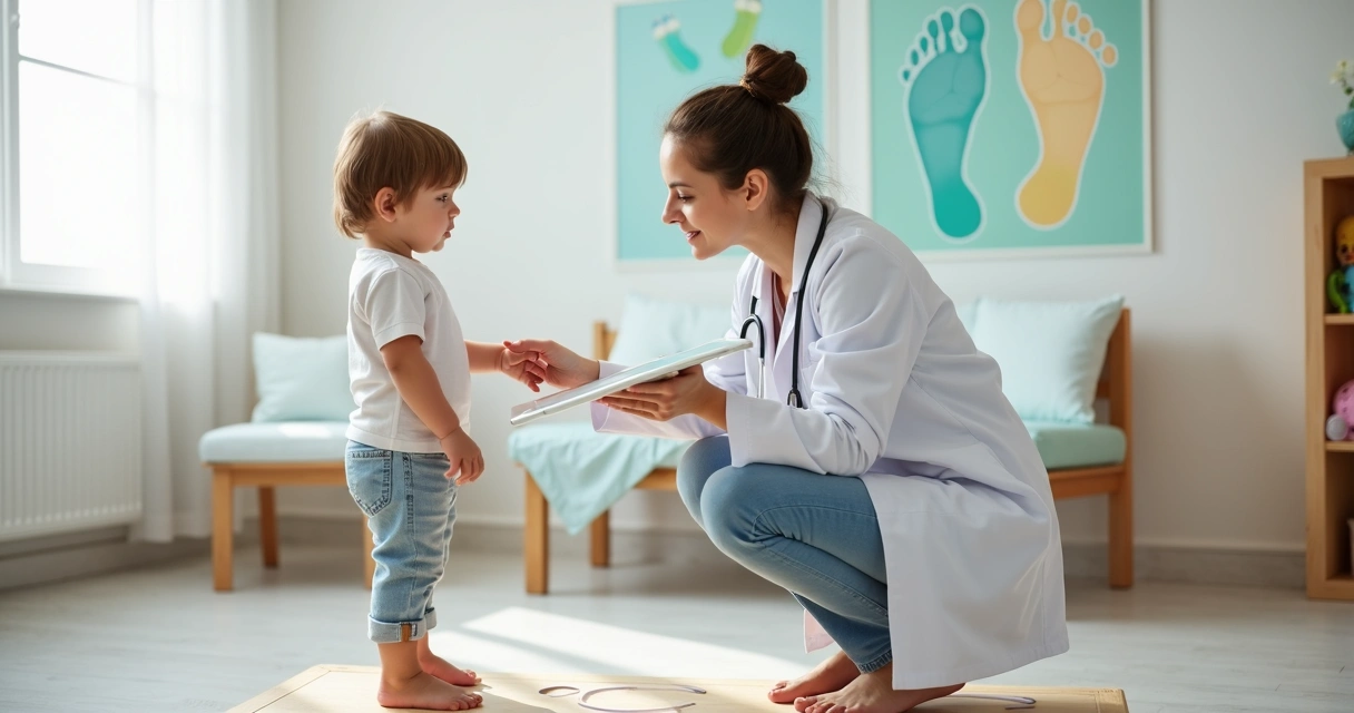 Ortopedista pediátrico avaliando pés de criança em consultório moderno 