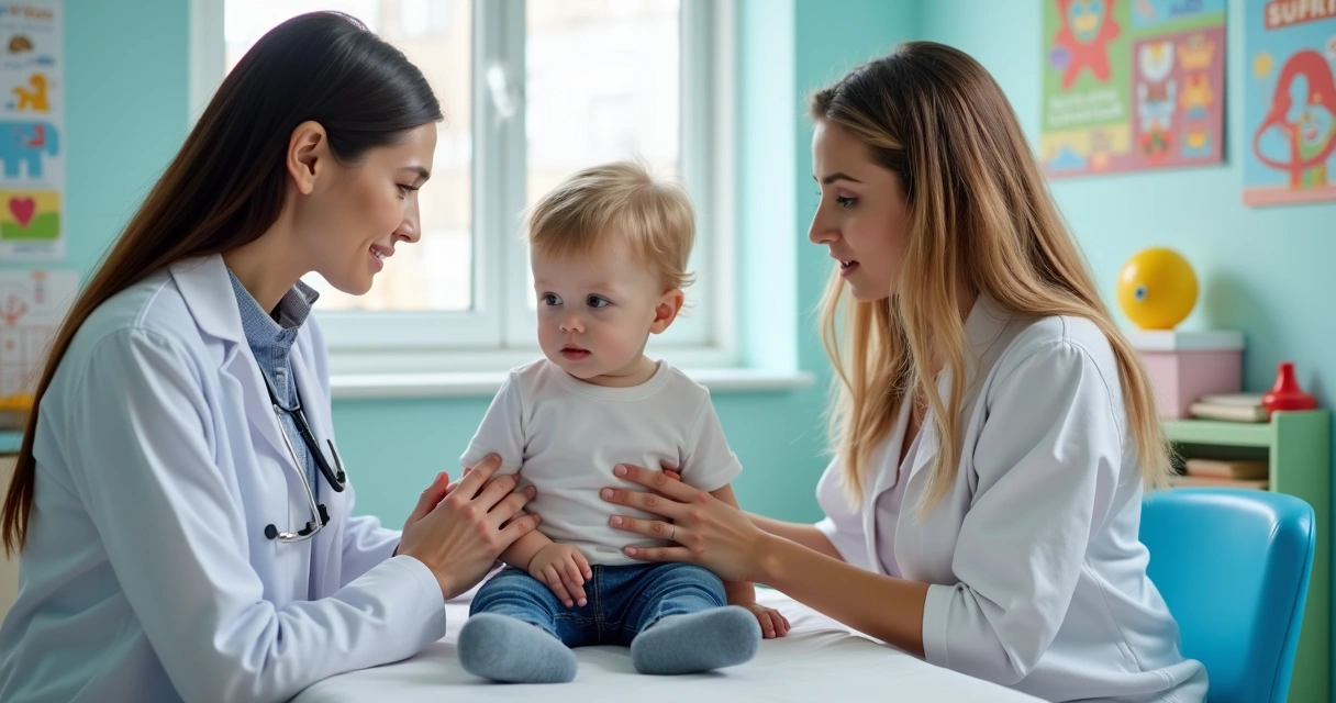 Equipe médica avalia força muscular em criança pequena 