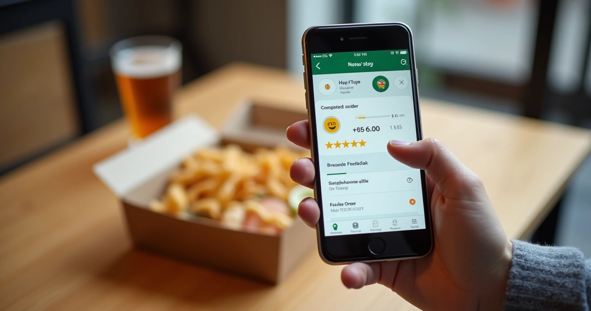 Avaliação de pedido delivery recebendo cinco estrelas na tela do celular 