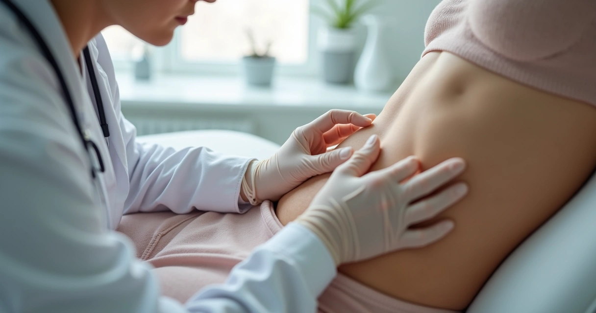 Profissional avaliando firmeza da pele abdominal em consultório estético 
