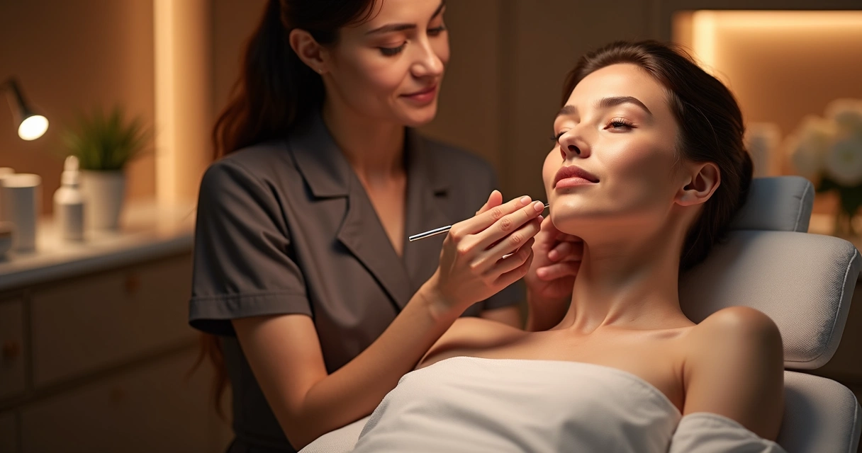 Profissional avaliando a pele de uma paciente em consultório de estética 