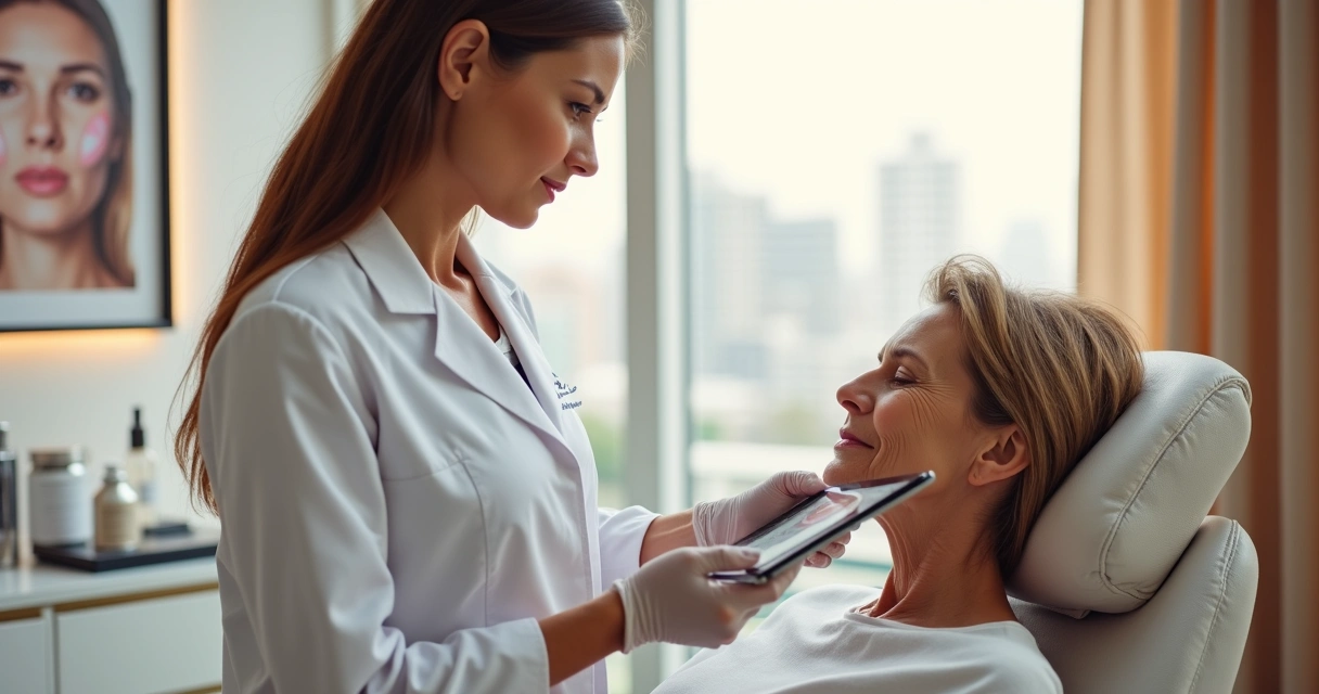 Mulher de pele madura em avaliação facial com médica em clínica de estética moderna 