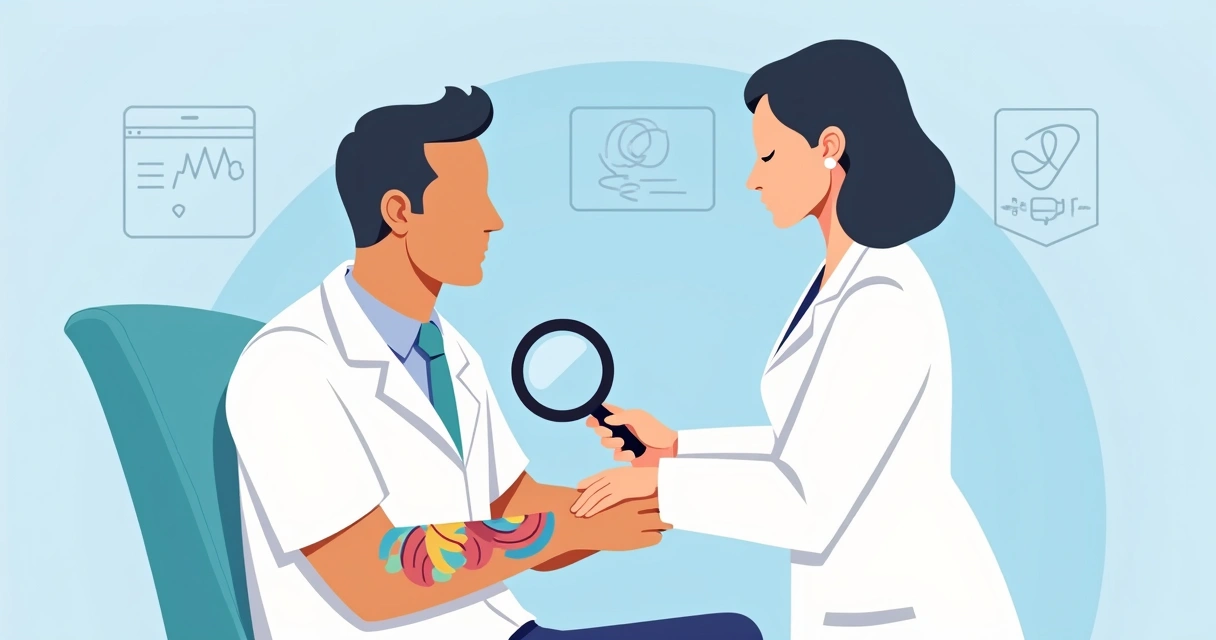 Profissional avaliando tatuagem colorida com lupa na pele de paciente 