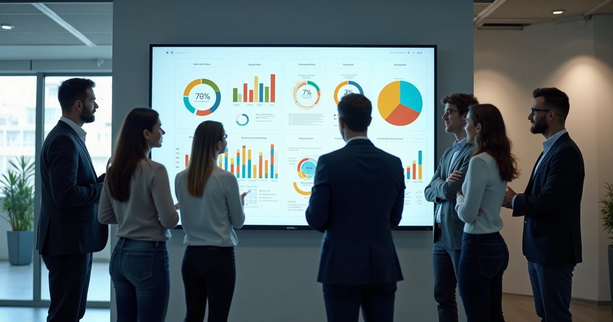 Círculo de pessoas avaliando percepção de marca com gráficos em tela