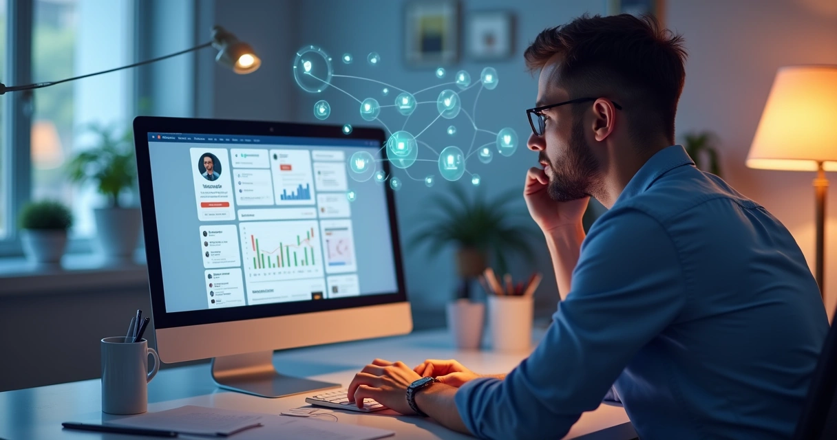 Pessoa analisando perfil de mídia social considerando seguidores e engajamento 