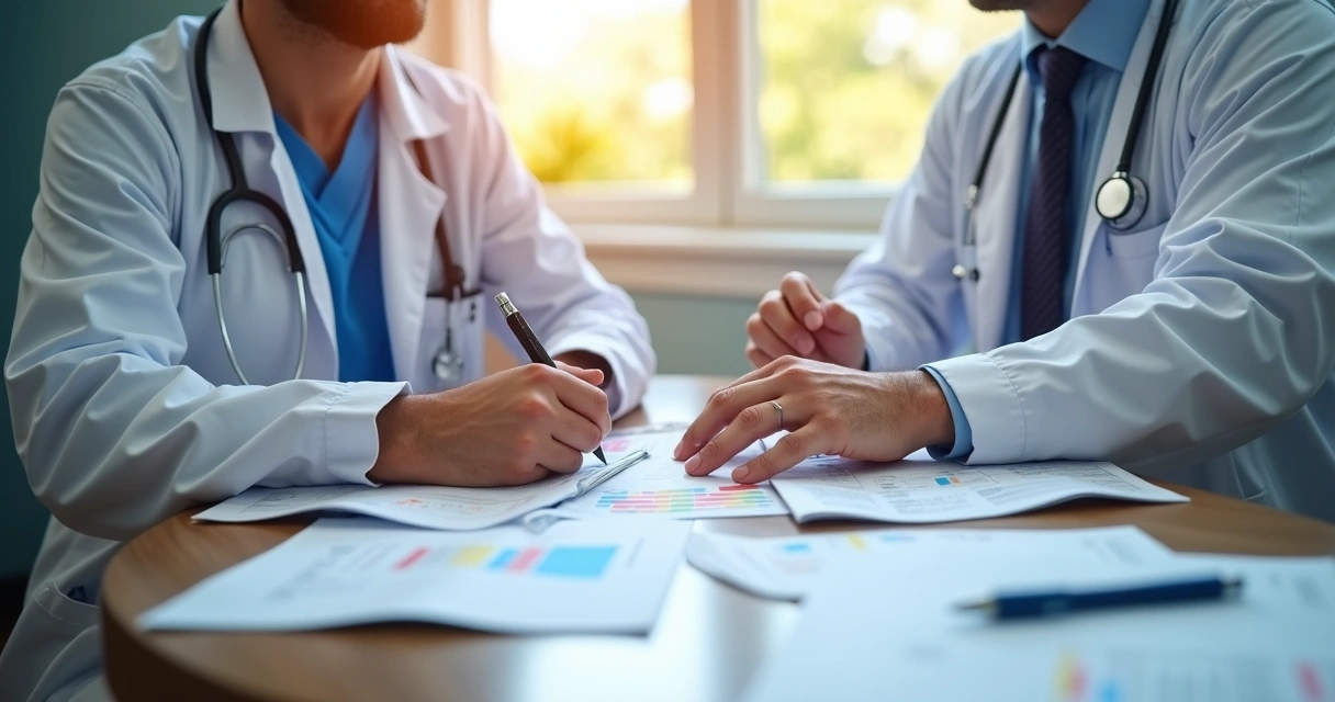 Médico analisando exames de trabalhador durante perícia do INSS 