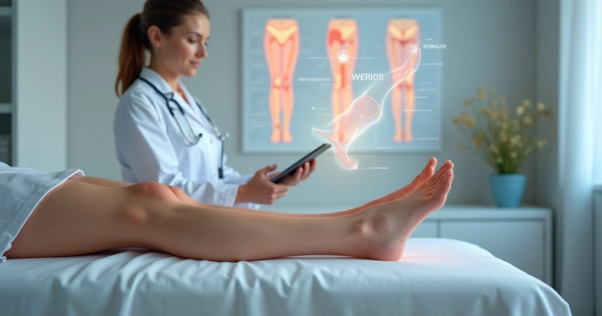 Médico vascular avaliando pernas de paciente em clínica moderna focando na circulação 