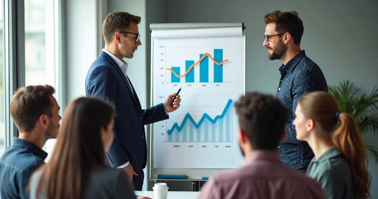 Pessoa apresentando resultados em quadro branco para grupo atento, em escritório moderno, representando avaliação e evolução humana em equipe. 