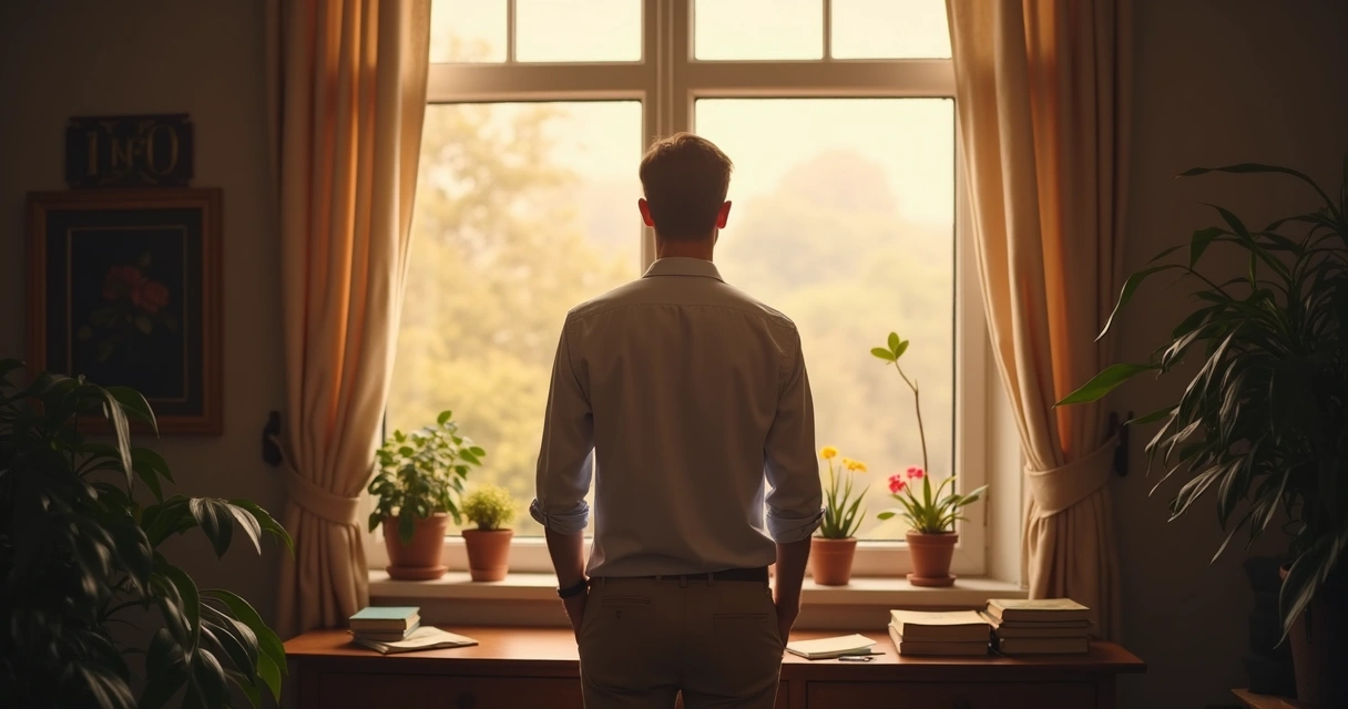 Homem refletindo diante de janela, luz suave atrás 
