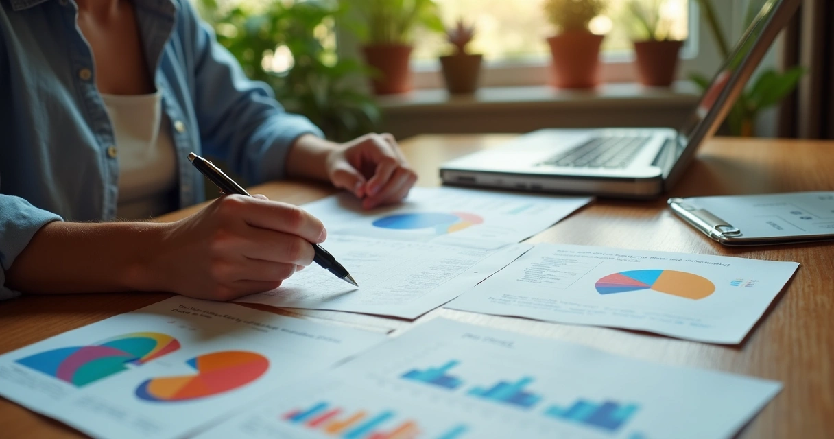 Pessoa analisando gráficos coloridos que representam evolução pessoal, sobre uma mesa de madeira. 