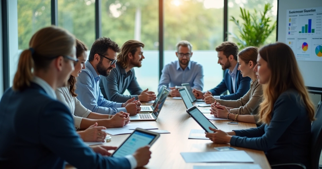 Gestores e colaboradores reunidos em sala de reunião com papéis de avaliação e tablets na mesa 