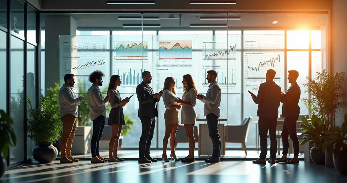 Equipe reunida discutindo gráficos financeiros e indicadores de bem-estar na parede 